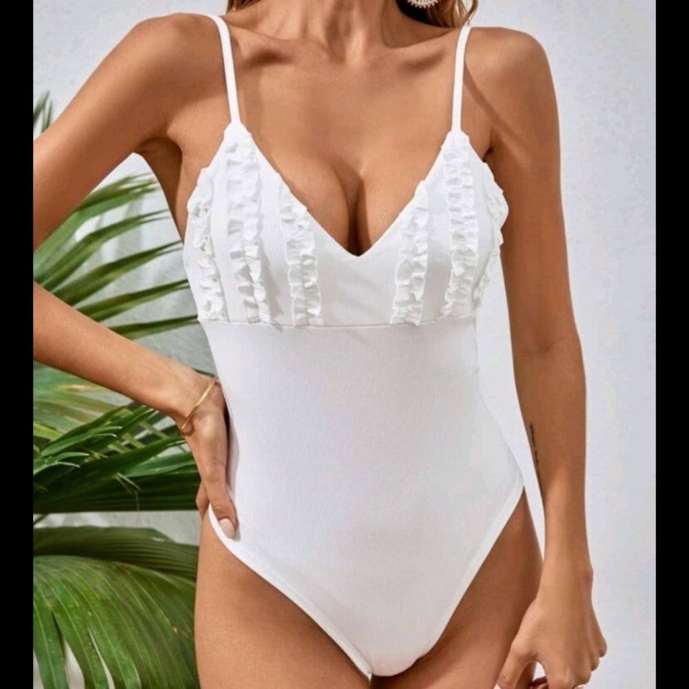 Frill Trim Backless Ribbed Knit Cami Bodysuit